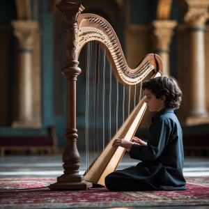 Visualize a scene where David, a barechested young Boy musician,...