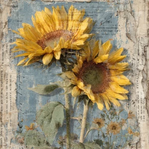 Rustic sunflower junk journal page, oversized sunflower blooms a...