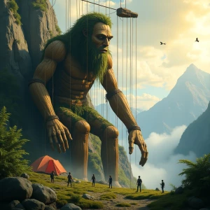 A colossal wooden marionette slumped gently against a mountain r...