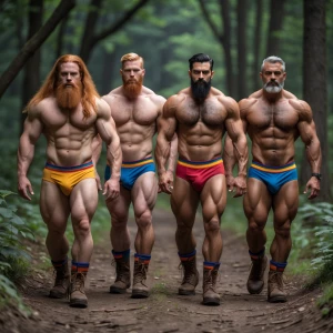 Generate an image of four rugged and muscular men confidently wa...
