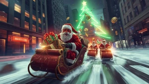 Create an epic Christmas banner in GTA Vice City style: Santa in...