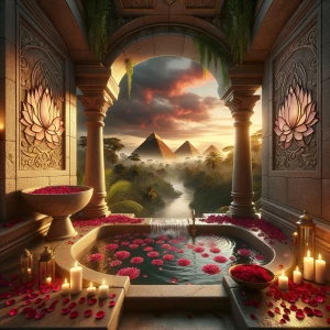 Create a luxurious master bathroom named "The Lotus Sanctuary."...