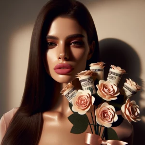 Generate a cinematic and seductive portrait of a young woman bas...