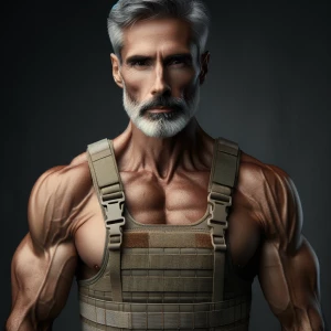 A muscular older man with a graying beard and short gray hair st...