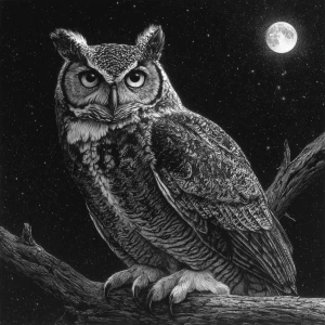 Create a realistic and detailed drawing of an owl perched on a t...