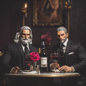 Make two bodybuilder men both gray hair one with long wavy hair...