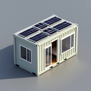 Generate an image of a prefabricated small villa designed to res...