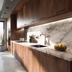 Create a realistic image of a contemporary kitchen featuring wal...