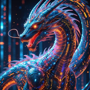 A pulsating, nanotechnology-enhanced dragon, its metallic scales...