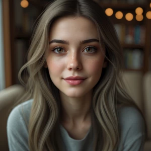 soft realistic portrait of a shy midwestern girl, 
early 20s, w...