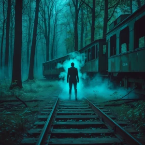 abandoned train in glowing forest, one figure dissolving into mi...