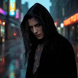 A sinisterly enchanting warlock, draped in velvet shadows and la...