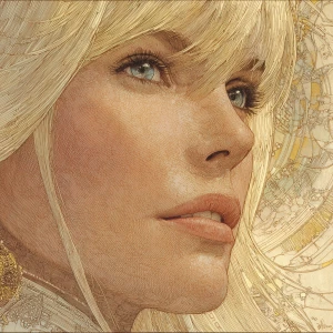 Close-up portrait of Daryl Hannah, in the style of Moebius (Jean...