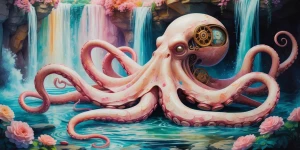 A twisted, clockwork octopus sprawls amidst cascading waterfalls...
