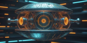 A glitching, majestically frozen time capsule, its metallic surf...