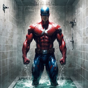 Captain America stands in the opulent bathroom shower, water cas...