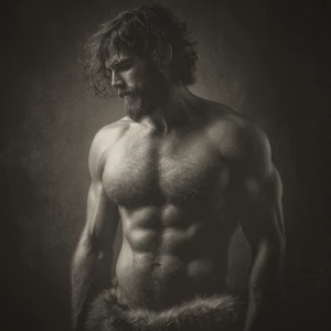 Create an image of a confident and powerful man standing tall, d...