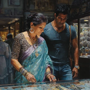realism,oil painting.a  mature gujarati mother in law in her 40s...