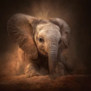 A baby African elephant named Ember, getting ready to sleep. Gen...