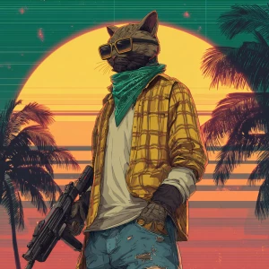 A humanoid cat character standing in a tropical setting with a b...