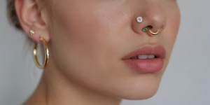Diamond stud nose piercing on right nostril, gold hoop earrings,...