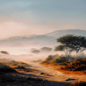 Create an expansive African vista bathed in the soft glow of mor...