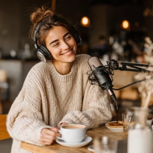 Young woman blogger recording her podcast while in a cafe with c...