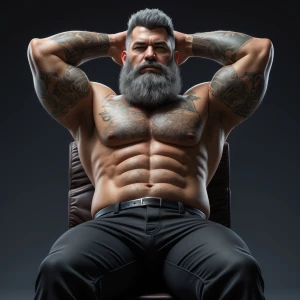The image features a shirtless man with a beefy build and a full...