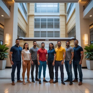 8 team workers of different nationalities posing for a picture i...