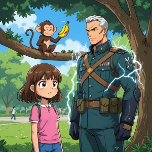 Scene 1: A funny anime-style girl standing in a park, looking co...