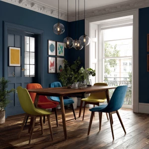 Create an image of a Nordic dining room featuring deep blue wall...