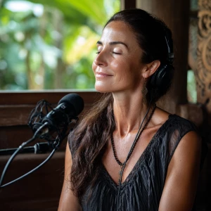 An woman meditation coach is seated before a microphone in a tra...
