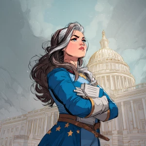 Illustrate a scene featuring a powerful plus-size woman with bro...