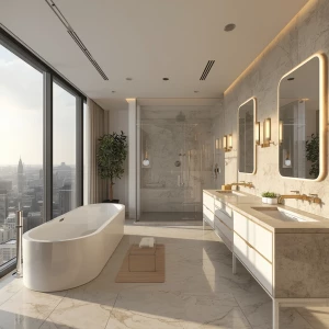Ultra-realistic photo of a master ensuite bathroom in a luxury a...