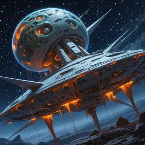 A grotesque immaculate deep space probe, its sleek metallic surf...