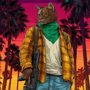 A humanoid cat character standing in a tropical setting with a b...