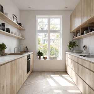 Generate an image of a Scandinavian kitchen interior featuring m...