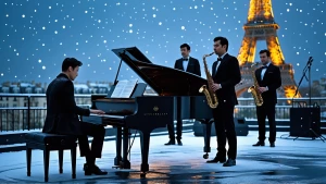 Create a cinematic winter rooftop concert scene in Paris at nigh...