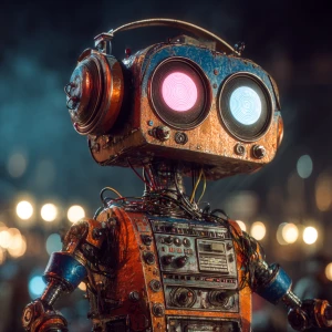 Retro-futuristic robot DJ with wires and circuits exposed, vibra...