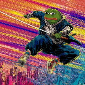 MEME PEPE in GTA art style,  Jump, fight like a samurai, in the...