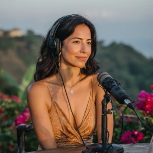 An beautiful woman meditation coach is seated before a microphon...