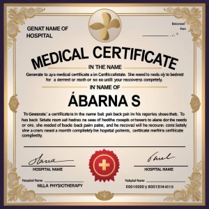 Generate a medical certificate in the name of Abarna S for back...