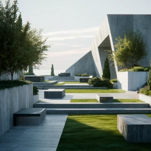 Generate a contemporary architectural scene featuring a landscap...