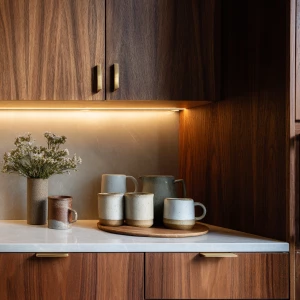 Create a lifelike interior scene featuring walnut wood kitchen c...