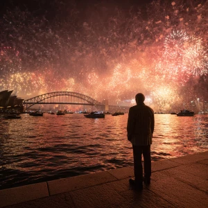 A man standing on a crowded Sydney Harbour promenade, surrounded...
