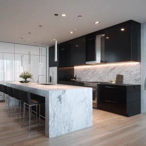 Create a luxurious modern kitchen with matte black lower cabinet...