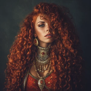 Create an image of a stunning woman with long, vibrant curly red...