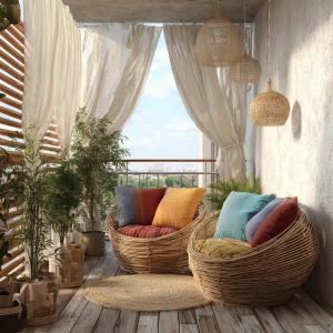 Create an image of a Scandinavian-style outdoor balcony featurin...