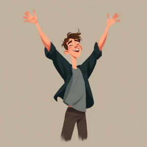Create an illustration of a joyful young man with his arms raise...