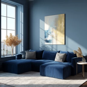 Create a modern aesthetic living room with a navy velvet section...